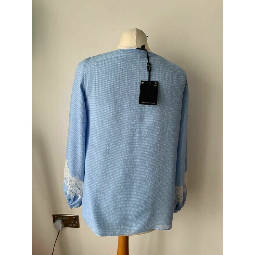 Massimo Dutti Gingham Lace Panel Bishop Sleeve Blouse Light Blue Size 10 / 38 - Picture 6 of 7